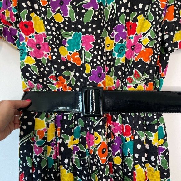 Oscar de la Renta Size 12 Silk Floral Pleated Midi Dress Belt Polka Dot Vintage - Picture 6 of 12